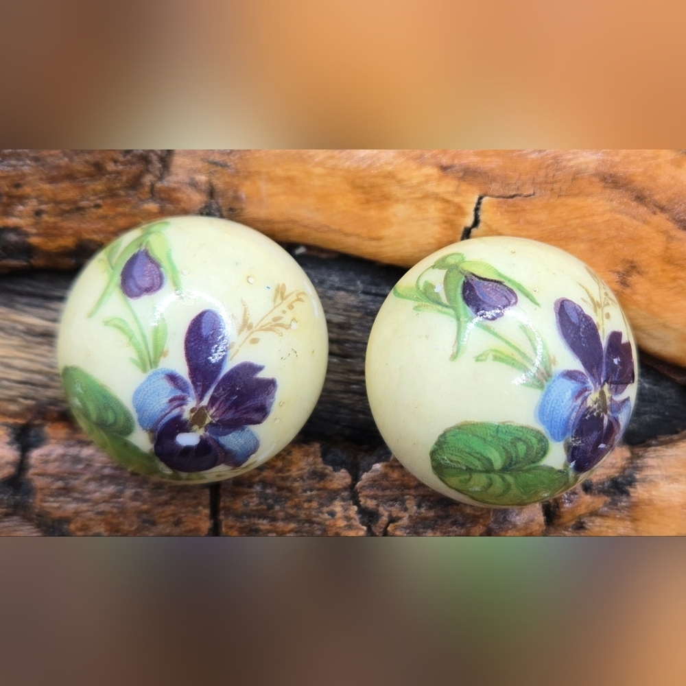 West Germany Earrings Clip-on Hand Painted Floral Design Vintage